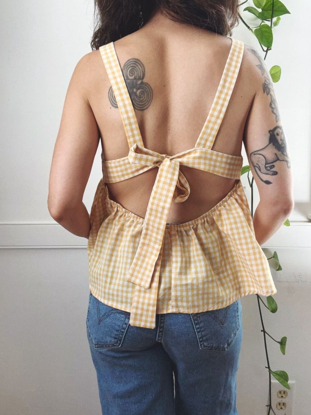 Yellow Gingham Peplum Top Open Back Tie Square Neckline Coquette Cottagecore S M - Picture 2 of 7